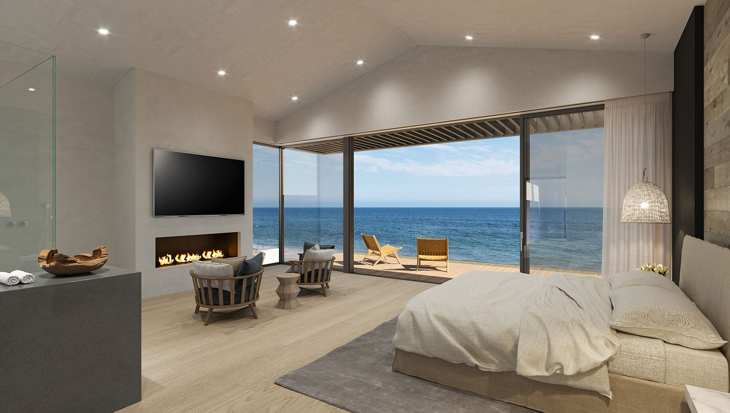 bedroom with large window and ocean view