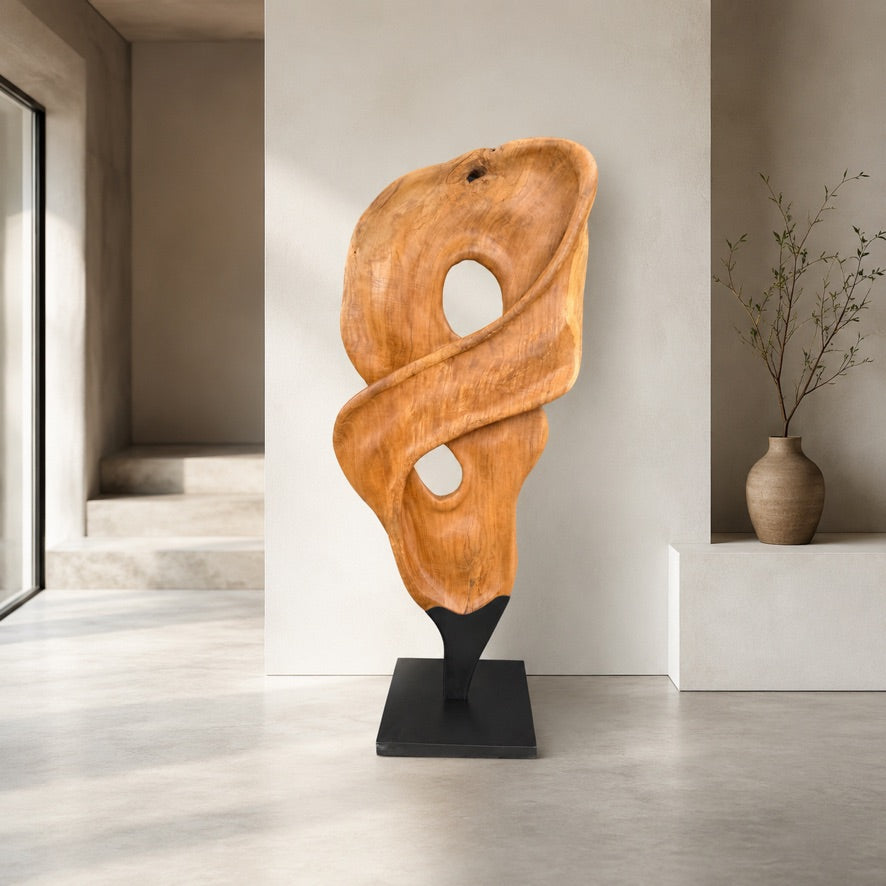 Teak Twist 8 Sculpture with Metal Base