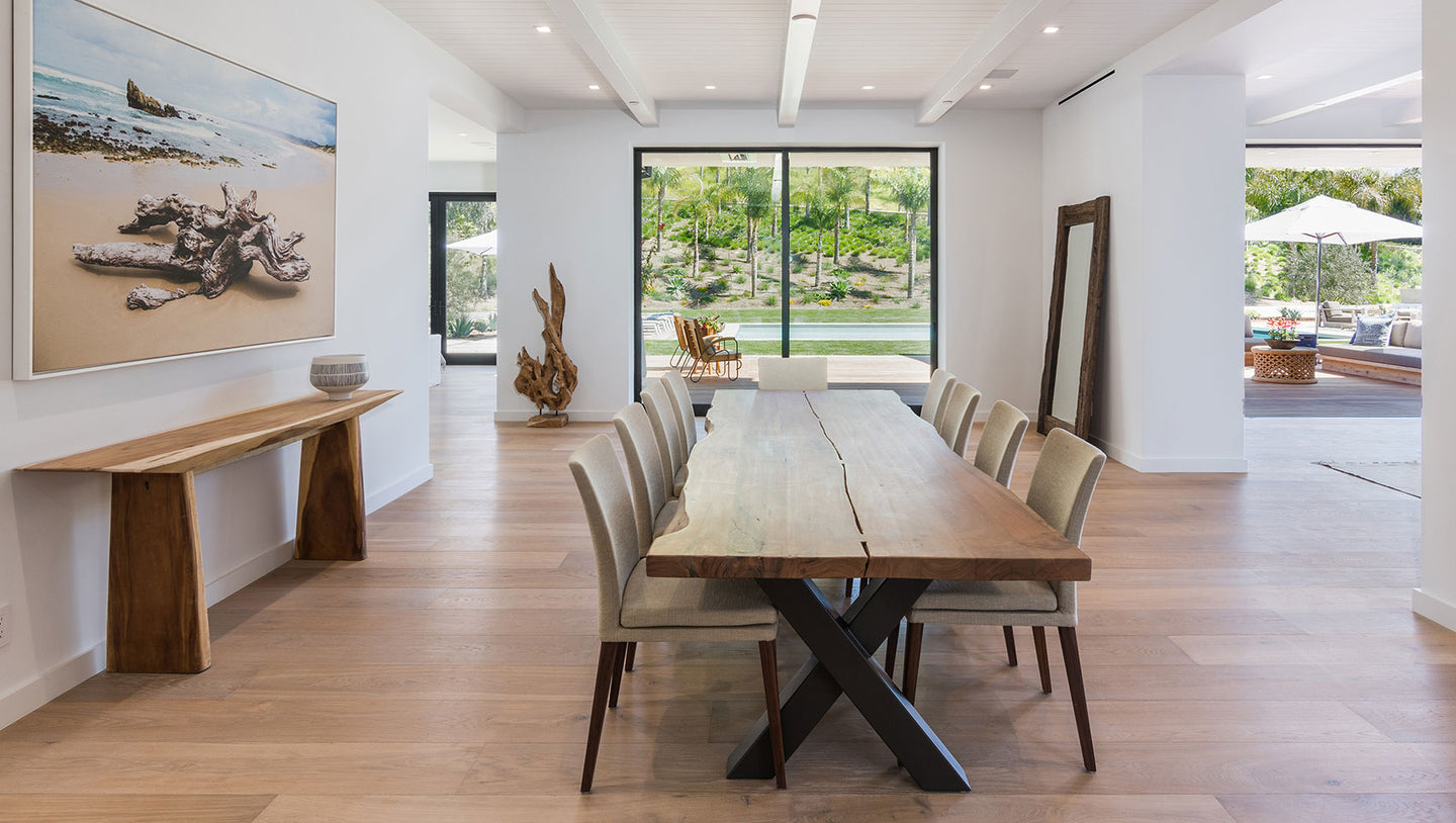 dining room with long rectangular table and chairs