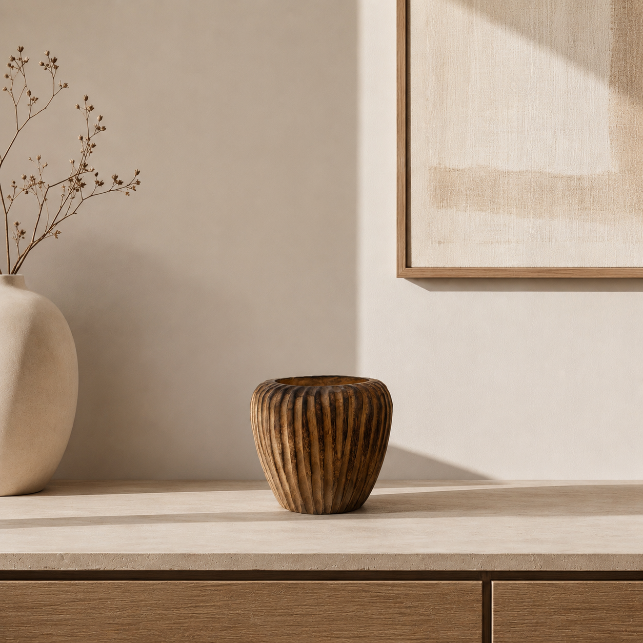 Small Teak Ribbed Carved Bowl