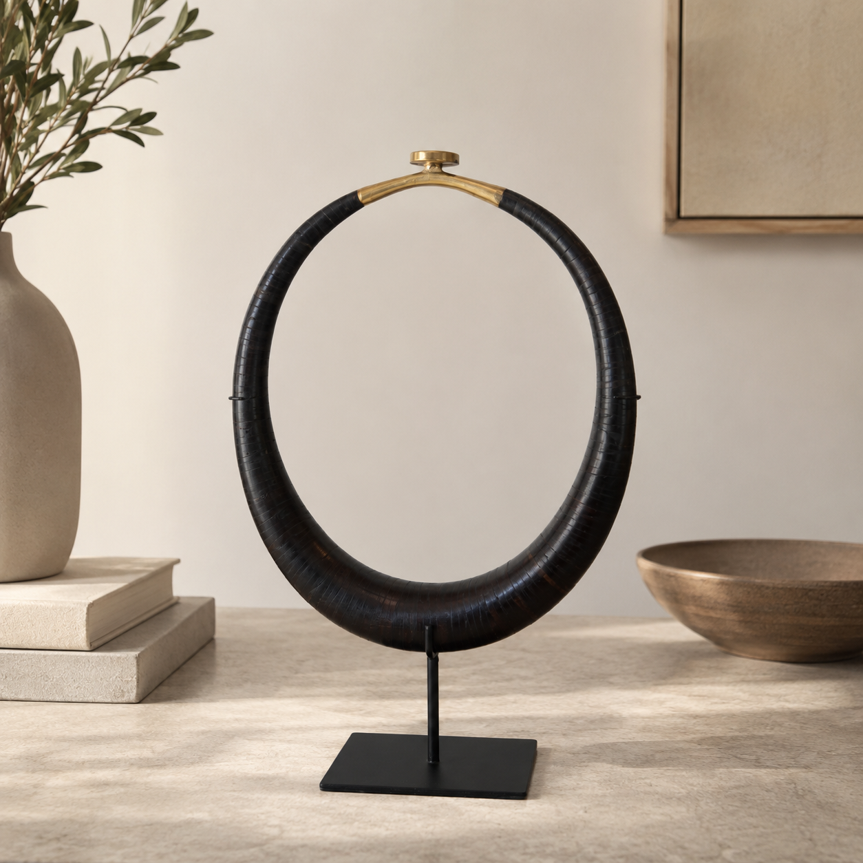 Black Horn &amp; Brass Necklace on Stand