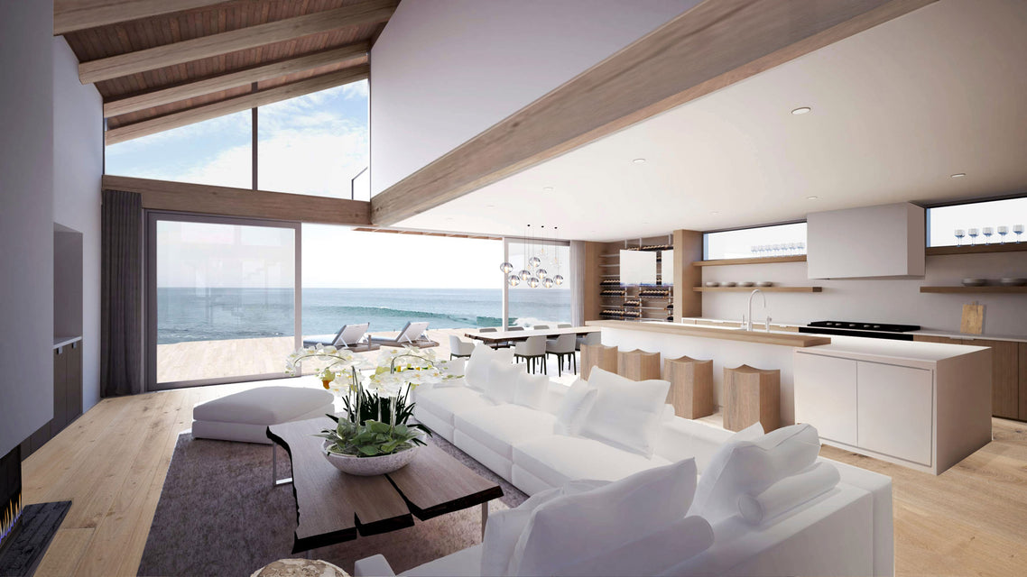 kitchen and living room view of white couch, wooden coffee table, and kitchen island