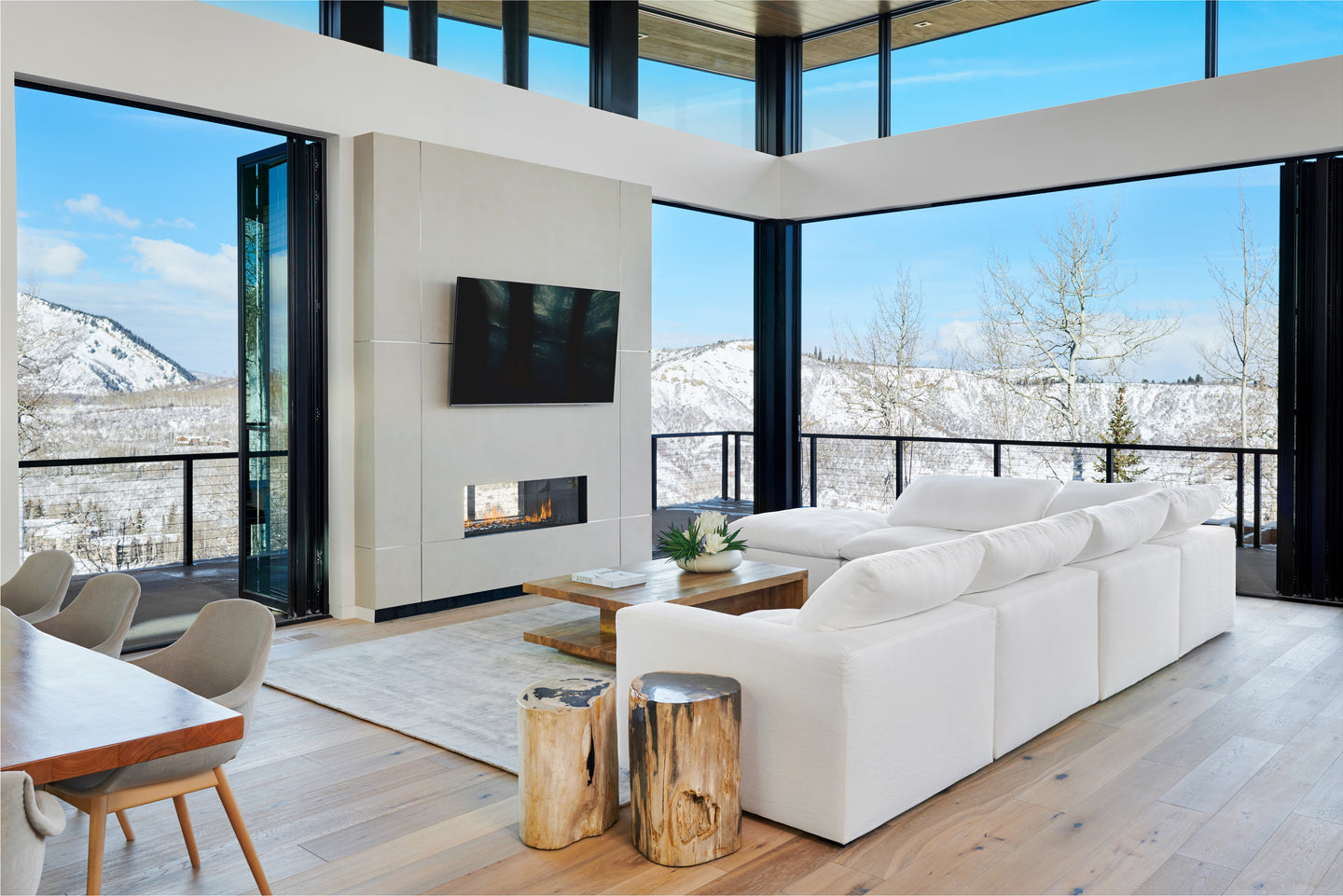 living room with view and white sofa